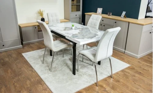 Set Masă Living Extensibilă Blat Ceramic KJT416 Alb-Cappuccino cu 4 Scaune F630 Bej