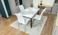 Set Masă Living Extensibilă Blat Ceramic KJT416 Alb-Cappuccino cu 4 Scaune F630 Bej