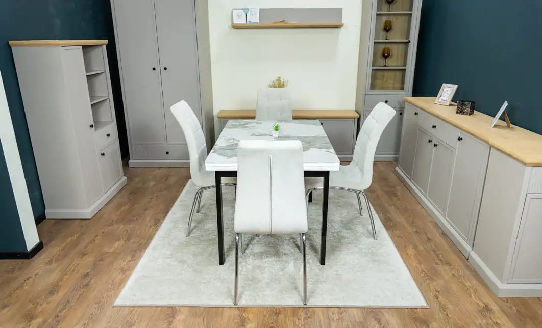 Set Masă Living Extensibilă Blat Ceramic KJT416 Alb-Cappuccino cu 4 Scaune F630 Bej 7