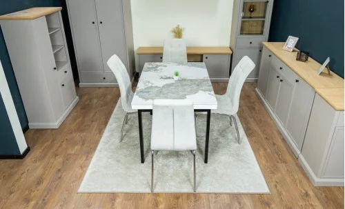 Set Masă Living Extensibilă Blat Ceramic KJT416 Alb-Cappuccino cu 4 Scaune F630 Bej