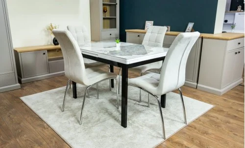 Set Masă Living Extensibilă Blat Ceramic KJT416 Alb-Cappuccino cu 4 Scaune F630 Bej