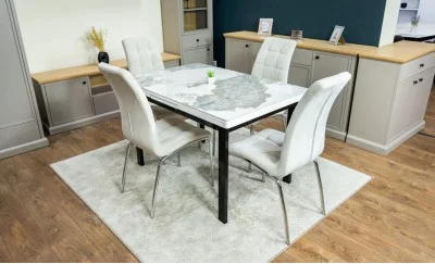 Set Masă Living Extensibilă Blat Ceramic KJT416 Alb-Cappuccino cu 4 Scaune F630 Bej