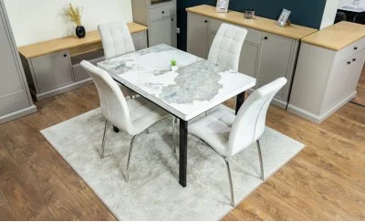 Set Masă Living Extensibilă Blat Ceramic KJT416 Alb-Cappuccino cu 4 Scaune F630 Bej