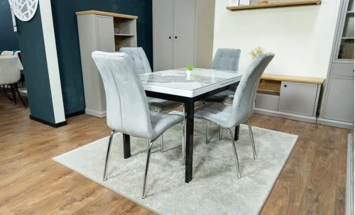 Set Masă Living Extensibilă Blat Ceramic KJT416 Alb-Cappuccino cu 4 Scaune F630 Gri