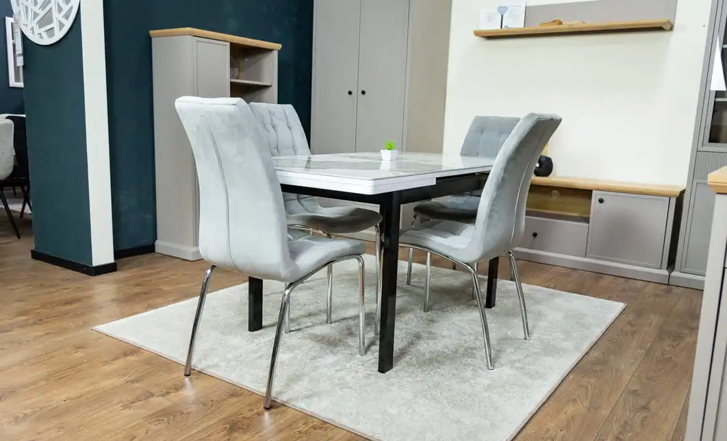 Set Masă Living Extensibilă Blat Ceramic KJT416 Alb-Cappuccino cu 4 Scaune F630 Gri