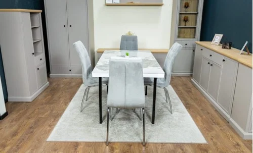 Set Masă Living Extensibilă Blat Ceramic KJT416 Alb-Cappuccino cu 4 Scaune F630 Gri