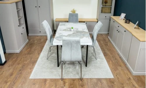 Set Masă Living Extensibilă Blat Ceramic KJT416 Alb-Cappuccino cu 4 Scaune F630 Gri