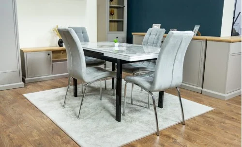 Set Masă Living Extensibilă Blat Ceramic KJT416 Alb-Cappuccino cu 4 Scaune F630 Gri