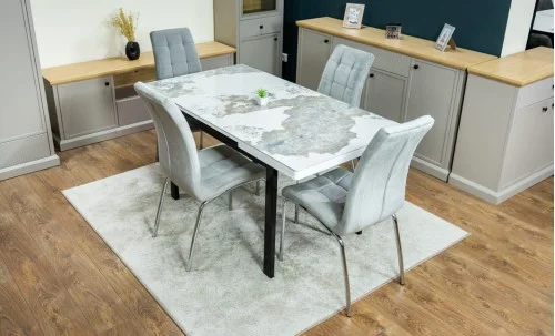 Set Masă Living Extensibilă Blat Ceramic KJT416 Alb-Cappuccino cu 4 Scaune F630 Gri