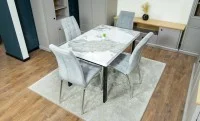 Set Masă Living Extensibilă Blat Ceramic KJT416 Alb-Cappuccino cu 4 Scaune F630 Gri