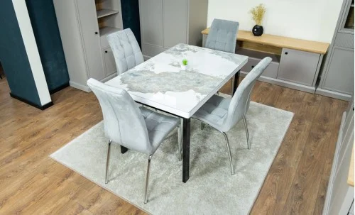 Set Masă Living Extensibilă Blat Ceramic KJT416 Alb-Cappuccino cu 4 Scaune F630 Gri
