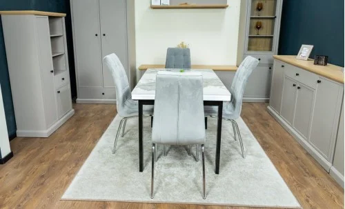 Set Masă Living Extensibilă Blat Ceramic KJT416 Alb-Cappuccino cu 4 Scaune F630 Gri