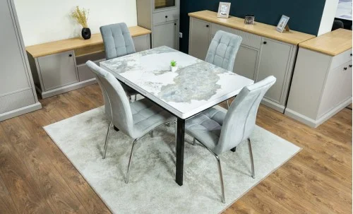 Set Masă Living Extensibilă Blat Ceramic KJT416 Alb-Cappuccino cu 4 Scaune F630 Gri