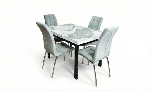 Set Masă Living Extensibilă Blat Ceramic KJT416 Alb-Cappuccino cu 4 Scaune F630 Gri