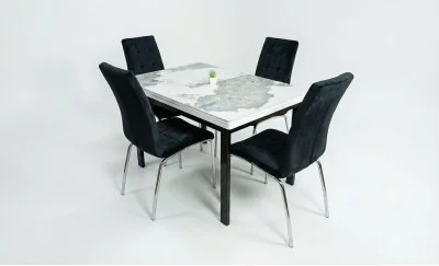 Set Masă Living Extensibilă Blat Ceramic KJT416 Alb-Cappuccino cu 4 Scaune F630 Negre