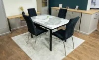 Set Masă Living Extensibilă Blat Ceramic KJT416 Alb-Cappuccino cu 4 Scaune F630 Negre