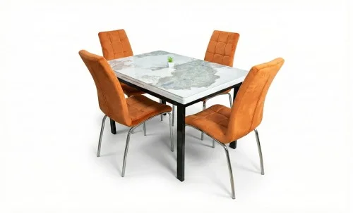 Set Masă Living Extensibilă Blat Ceramic KJT416 Alb-Cappuccino cu 4 Scaune F630 Portocalii