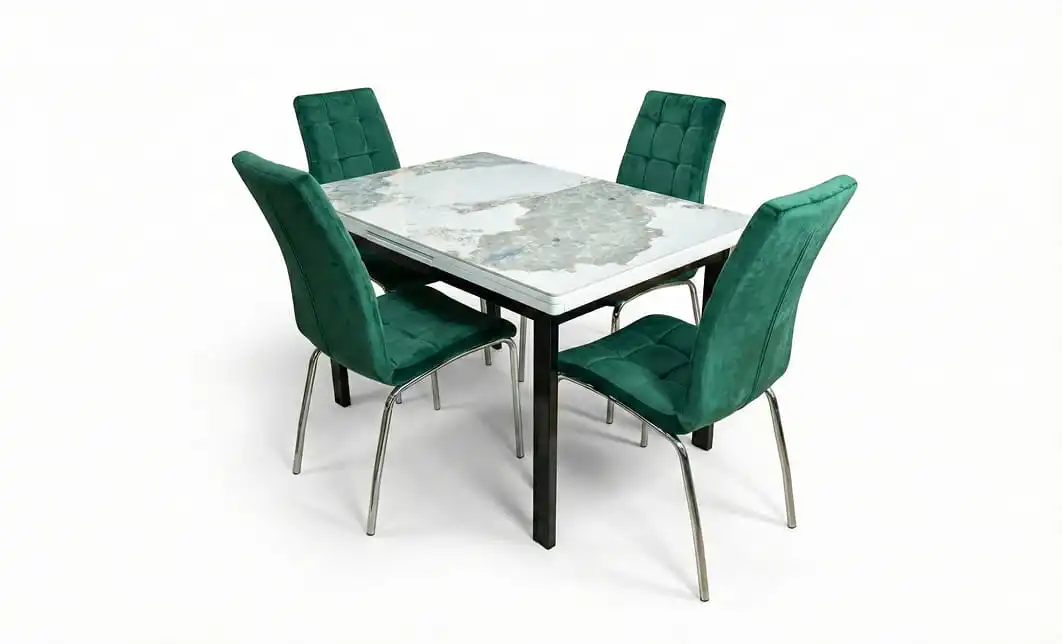 Set Masă Living Extensibilă Blat Ceramic KJT416 Alb-Cappuccino cu 4 Scaune F630 Verzi 1
