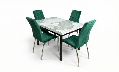 Set Masă Living Extensibilă Blat Ceramic KJT416 Alb-Cappuccino cu 4 Scaune F630 Verzi