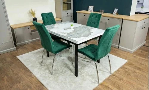 Set Masă Living Extensibilă Blat Ceramic KJT416 Alb-Cappuccino cu 4 Scaune F630 Verzi