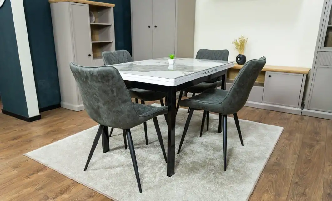Set Masă Living Extensibilă Blat Ceramic KJT416 Alb-Cappuccino cu 4 Scaune J262-L Gri 10