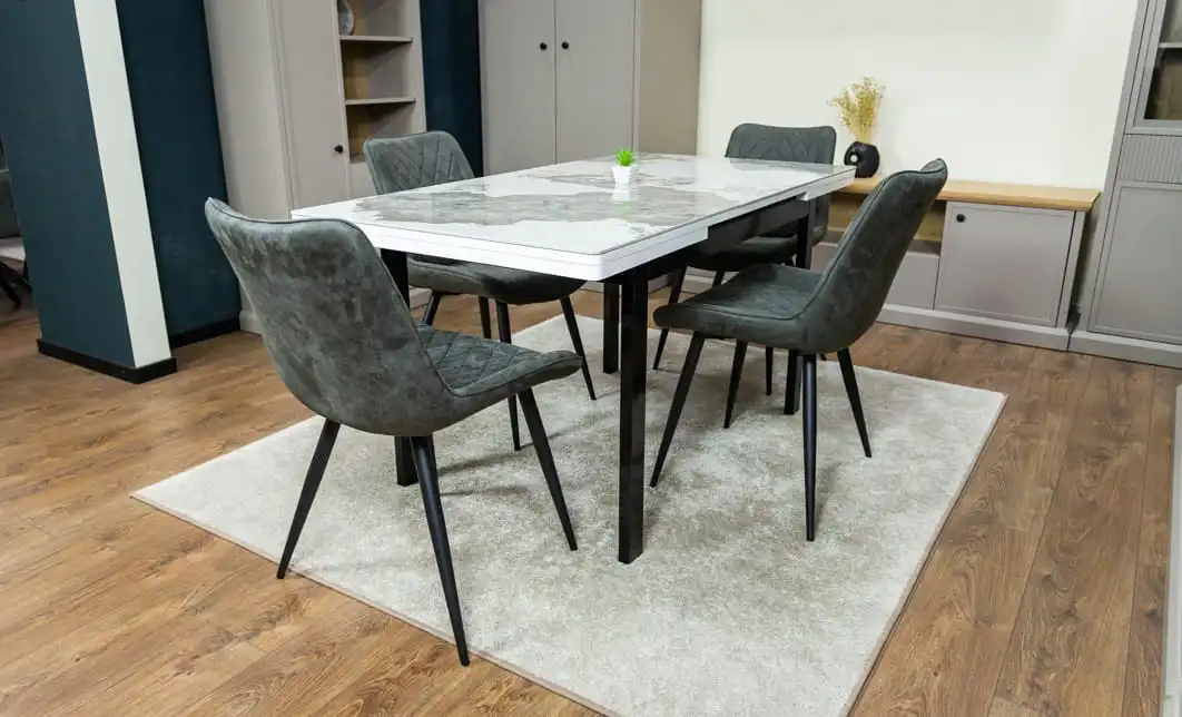 Set Masă Living Extensibilă Blat Ceramic KJT416 Alb-Cappuccino cu 4 Scaune J262-L Gri