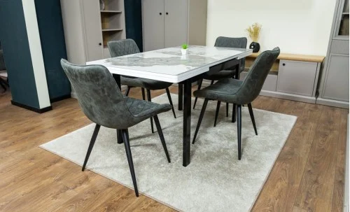 Set Masă Living Extensibilă Blat Ceramic KJT416 Alb-Cappuccino cu 4 Scaune J262-L Gri