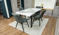 Set Masă Living Extensibilă Blat Ceramic KJT416 Alb-Cappuccino cu 4 Scaune J262-L Gri