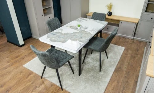 Set Masă Living Extensibilă Blat Ceramic KJT416 Alb-Cappuccino cu 4 Scaune J262-L Gri