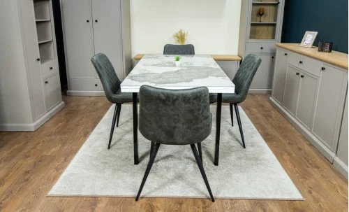 Set Masă Living Extensibilă Blat Ceramic KJT416 Alb-Cappuccino cu 4 Scaune J262-L Gri
