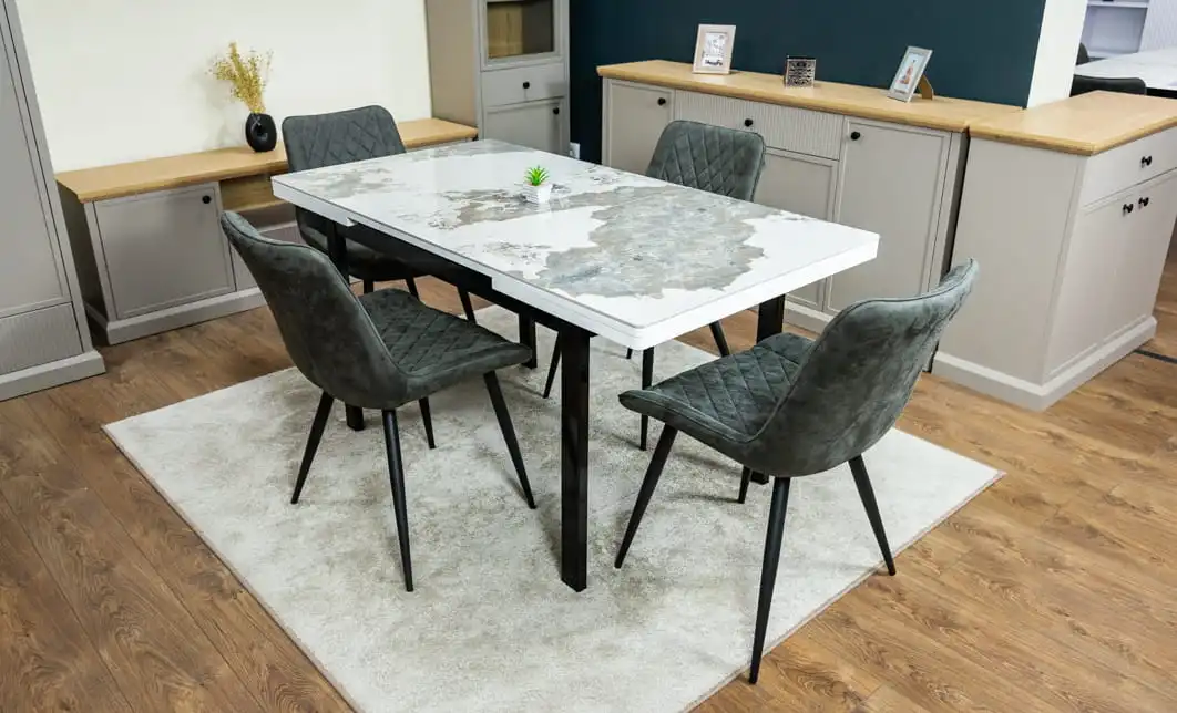 Set Masă Living Extensibilă Blat Ceramic KJT416 Alb-Cappuccino cu 4 Scaune J262-L Gri 5