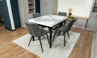 Set Masă Living Extensibilă Blat Ceramic KJT416 Alb-Cappuccino cu 4 Scaune J262-L Gri