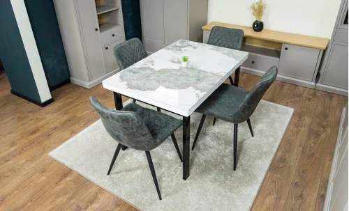 Set Masă Living Extensibilă Blat Ceramic KJT416 Alb-Cappuccino cu 4 Scaune J262-L Gri