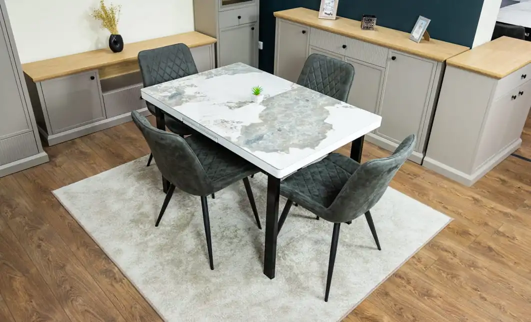 Set Masă Living Extensibilă Blat Ceramic KJT416 Alb-Cappuccino cu 4 Scaune J262-L Gri 2