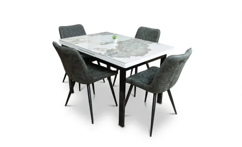 Set Masă Living Extensibilă Blat Ceramic KJT416 Alb-Cappuccino cu 4 Scaune J262-L Gri