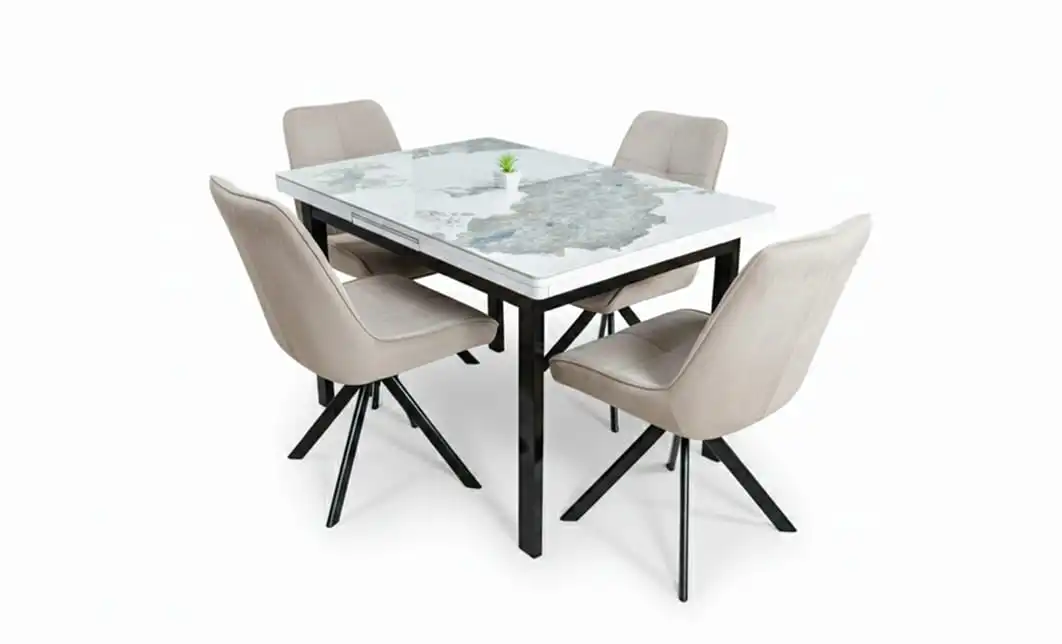 Set Masă Living Extensibilă Blat Ceramic KJT416 Alb-Cappuccino cu 4 Scaune KJC0356 Bej 1