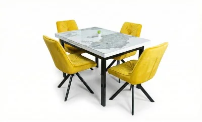 Set Masă Living Extensibilă Blat Ceramic KJT416 Alb-Cappuccino cu 4 Scaune KJC0356 Galben