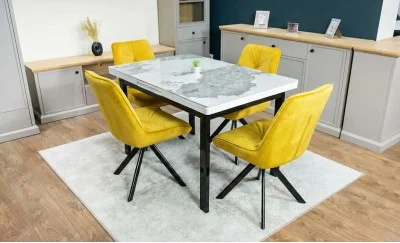 Set Masă Living Extensibilă Blat Ceramic KJT416 Alb-Cappuccino cu 4 Scaune KJC0356 Galben