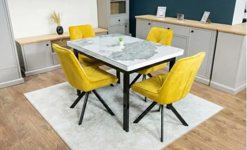 Set Masă Living Extensibilă Blat Ceramic KJT416 Alb-Cappuccino cu 4 Scaune KJC0356 Galben