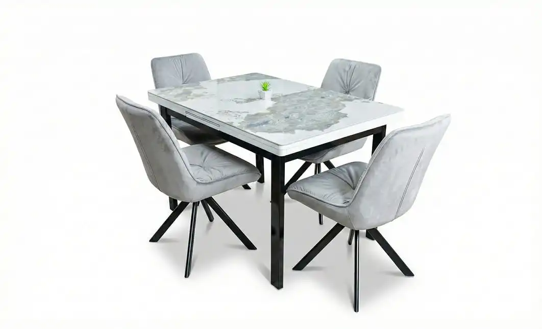 Set Masă Living Extensibilă Blat Ceramic KJT416 Alb-Cappuccino cu 4 Scaune KJC0356 Gri 1