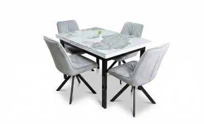 Set Masă Living Extensibilă Blat Ceramic KJT416 Alb-Cappuccino cu 4 Scaune KJC0356 Gri