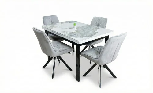 Set Masă Living Extensibilă Blat Ceramic KJT416 Alb-Cappuccino cu 4 Scaune KJC0356 Gri