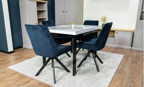 Set Masă Living Extensibilă Blat Ceramic KJT416 Alb-Cappuccino cu 4 Scaune KJC0356 Negre