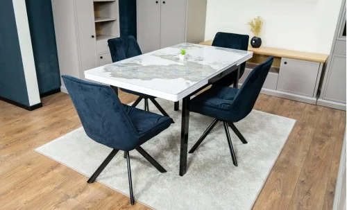 Set Masă Living Extensibilă Blat Ceramic KJT416 Alb-Cappuccino cu 4 Scaune KJC0356 Negre