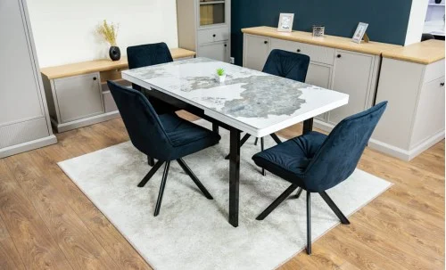 Set Masă Living Extensibilă Blat Ceramic KJT416 Alb-Cappuccino cu 4 Scaune KJC0356 Negre