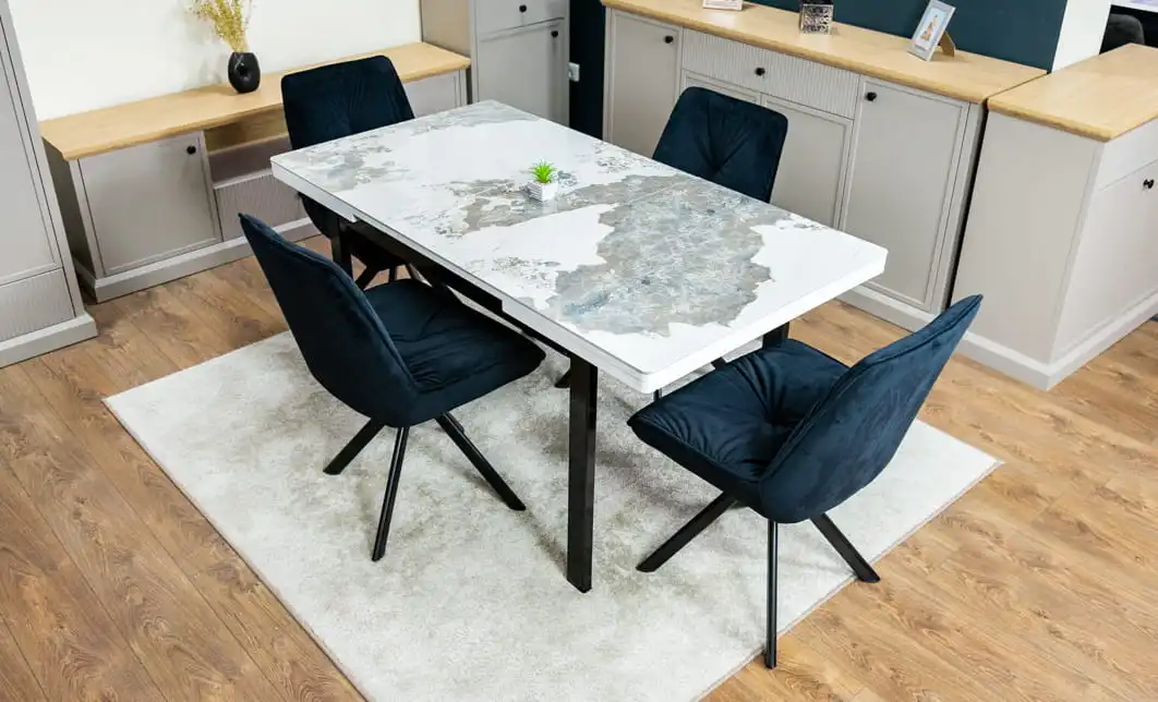 Set Masă Living Extensibilă Blat Ceramic KJT416 Alb-Cappuccino cu 4 Scaune KJC0356 Negre 4
