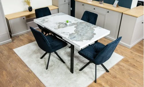 Set Masă Living Extensibilă Blat Ceramic KJT416 Alb-Cappuccino cu 4 Scaune KJC0356 Negre