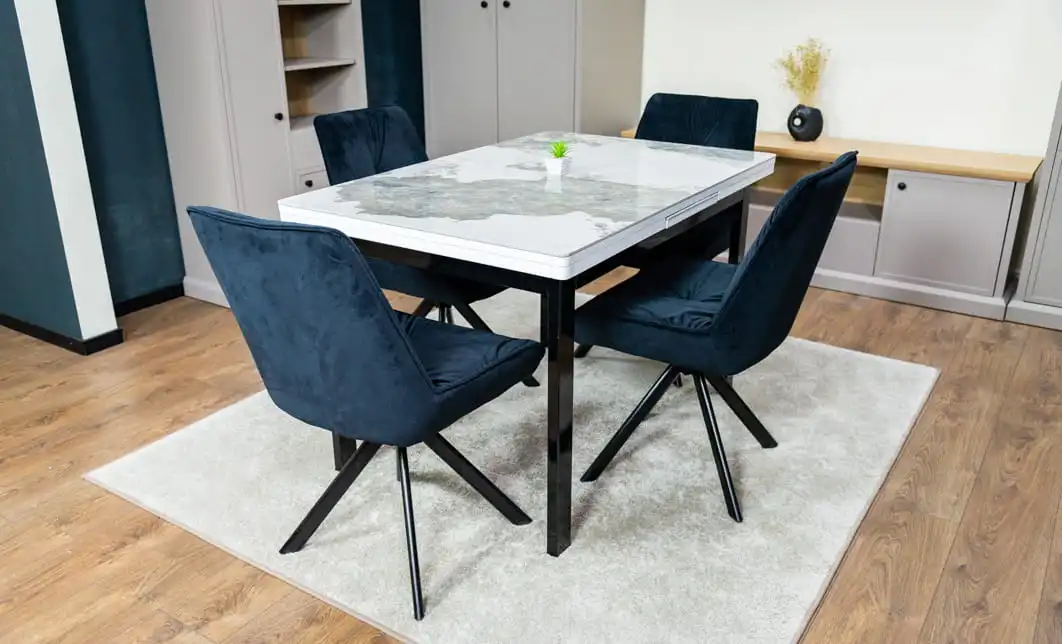 Set Masă Living Extensibilă Blat Ceramic KJT416 Alb-Cappuccino cu 4 Scaune KJC0356 Negre