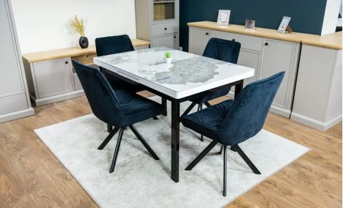 Set Masă Living Extensibilă Blat Ceramic KJT416 Alb-Cappuccino cu 4 Scaune KJC0356 Negre