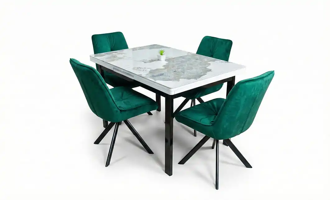 Set Masă Living Extensibilă Blat Ceramic KJT416 Alb-Cappuccino cu 4 Scaune KJC0356 Verde 1